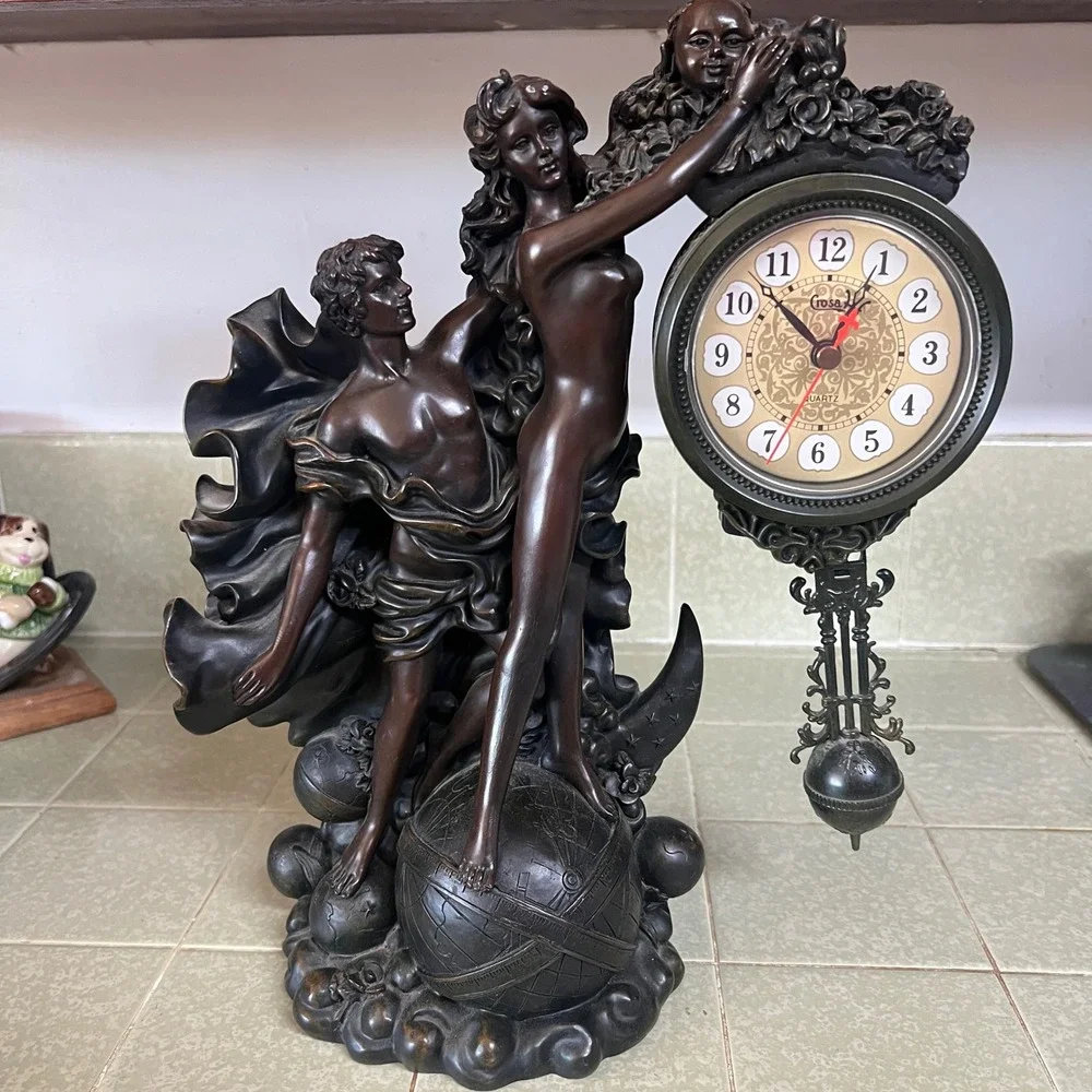 Crosa Quartz Celestial Figural Pendulum Clock Bronze Finish Man Woman Globe